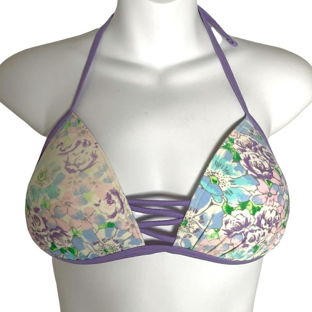 Aerie Swim Floral Perky Triangle Bathing Suit Top M Periwinkle Green Pink